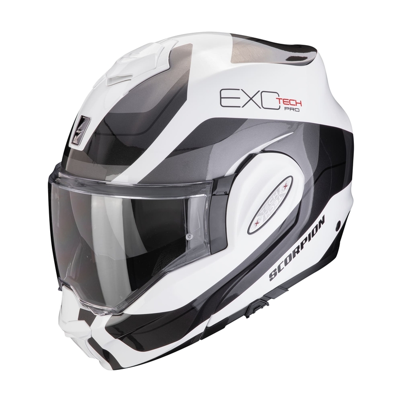 Sulankstomas motociklininko šalmas Scorpion EXO-TECH EVO PRO COMMUTA baltas-sidabrinis išpardavimas