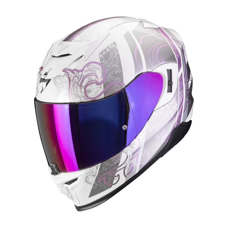 Integruotas motociklininko šalmas Scorpion EXO-520 EVO AIR FASTA baltai violetinės spalvos išpardavimas