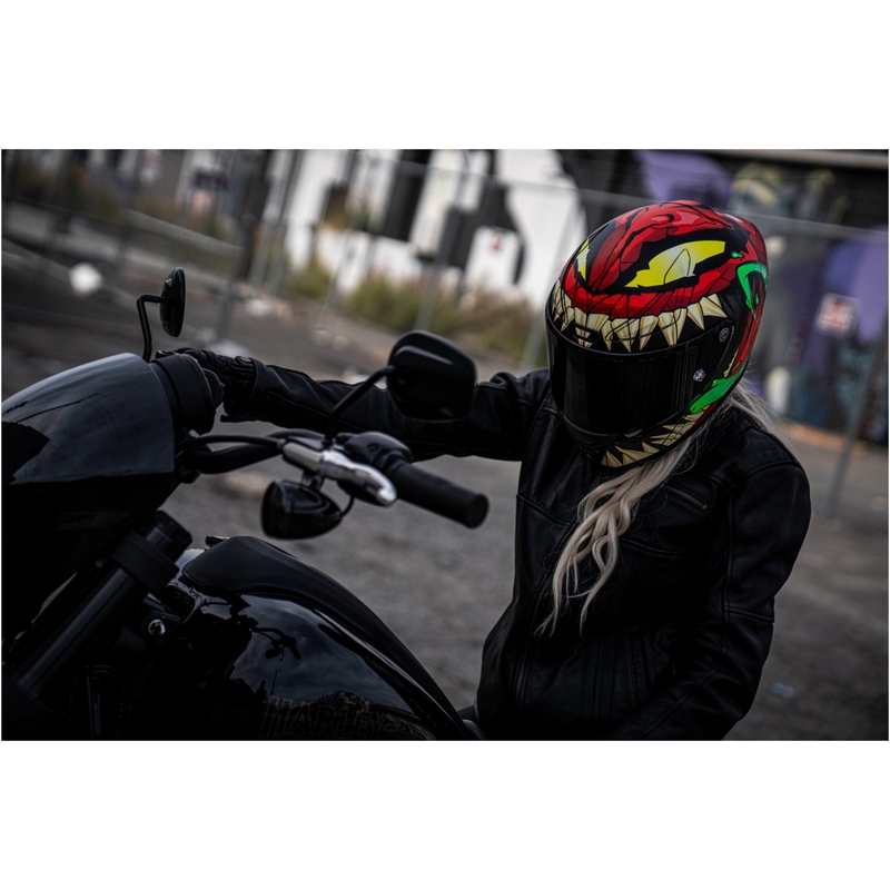 Integruotas motociklininko šalmas HJC RPHA 1 Toxin Marvel MC1SF raudonai pilkai žalias išpardavimas