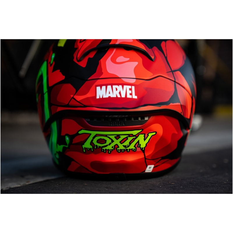 Integruotas motociklininko šalmas HJC RPHA 1 Toxin Marvel MC1SF raudonai pilkai žalias išpardavimas