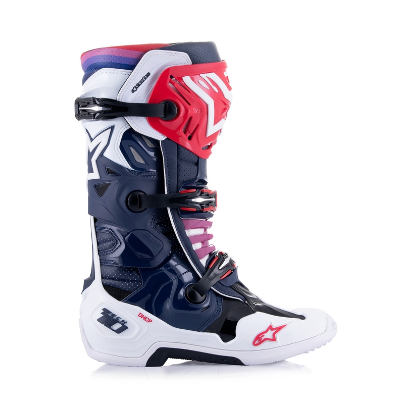 "Alpinestars Tech 10 Supervented" perforuoti tamsiai mėlyni-balti-raudoni-violetiniai motociklininko batai
