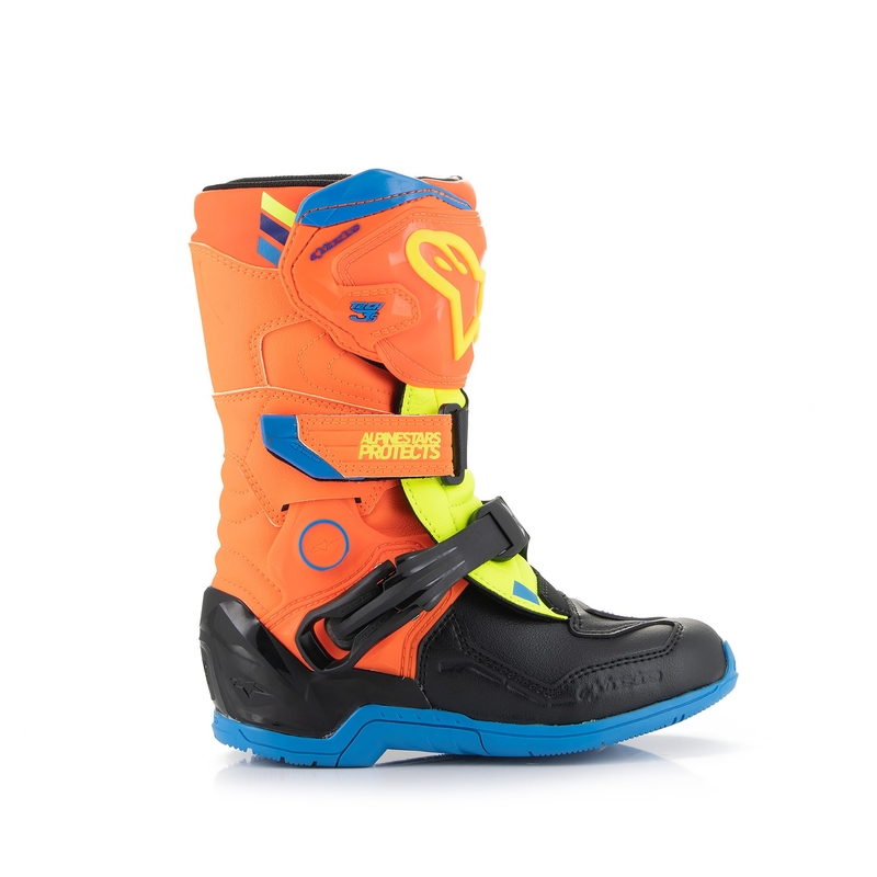 Alpinestars Tech 3S Kids fluo oranžiniai-mėlyni-fluo geltoni-juodi-juodi motociklininko batai