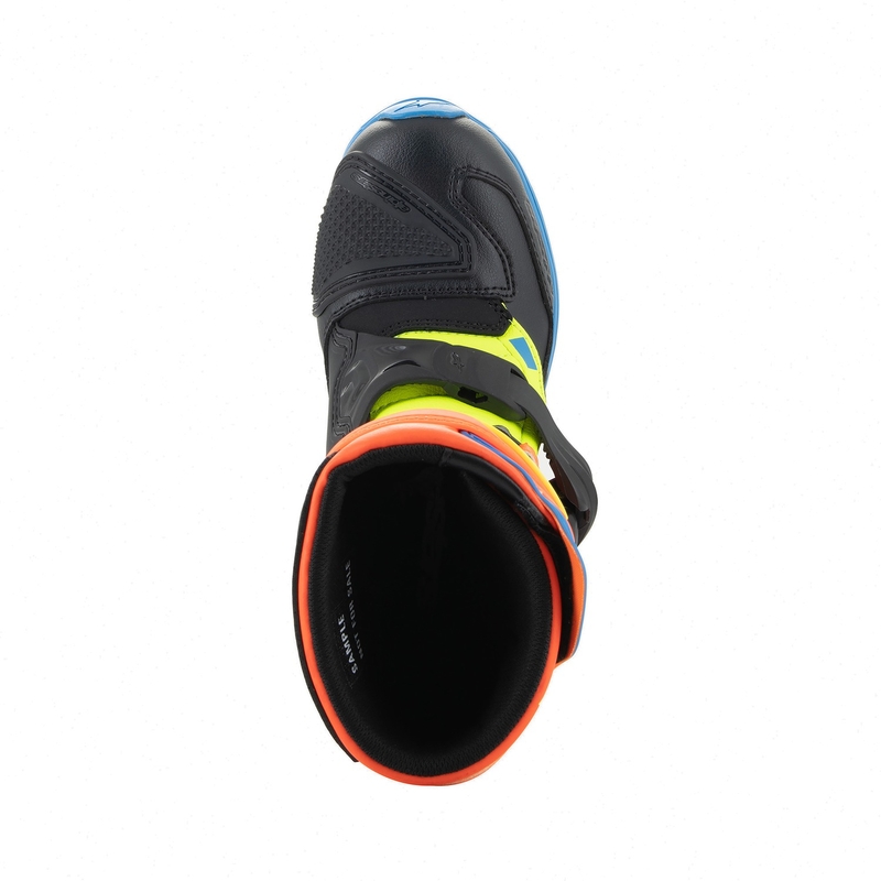Alpinestars Tech 3S Kids fluo oranžiniai-mėlyni-fluo geltoni-juodi-juodi motociklininko batai