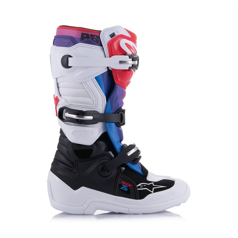 Alpinestars Tech 7 S vaikiški motokroso batai balta-juoda-raudona-mėlyna-violetinė