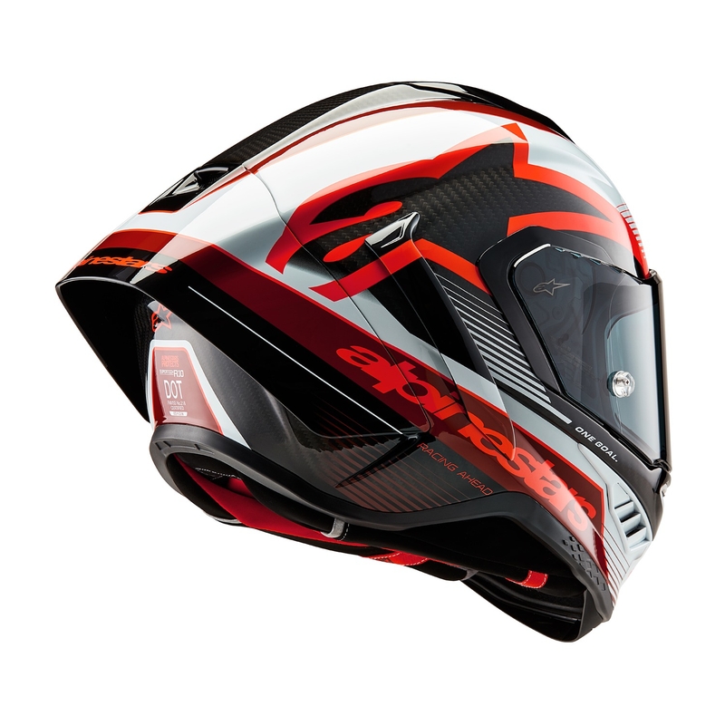 "Alpinestars Supertech R-10 Team" anglies raudonos ir baltos spalvos integralus motociklininko šalmas