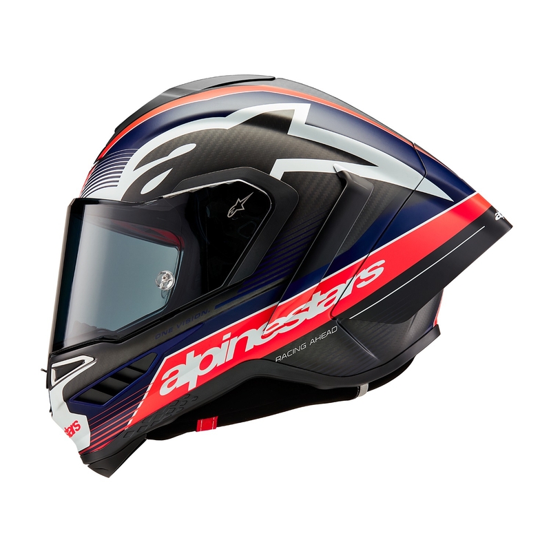 "Alpinestars Supertech R-10 Team" anglies fluo raudonos-mėlynos-baltos spalvų matinis integralus motociklininko šalmas