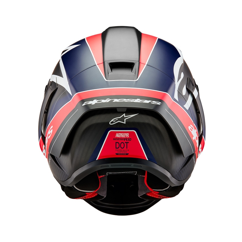 "Alpinestars Supertech R-10 Team" anglies fluo raudonos-mėlynos-baltos spalvų matinis integralus motociklininko šalmas