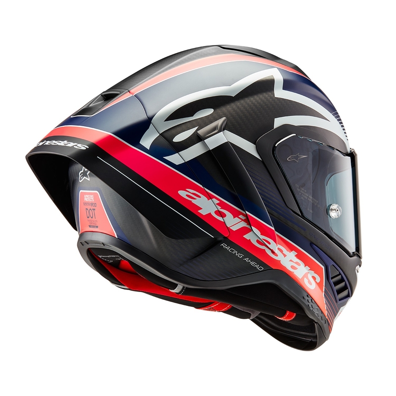 "Alpinestars Supertech R-10 Team" anglies fluo raudonos-mėlynos-baltos spalvų matinis integralus motociklininko šalmas