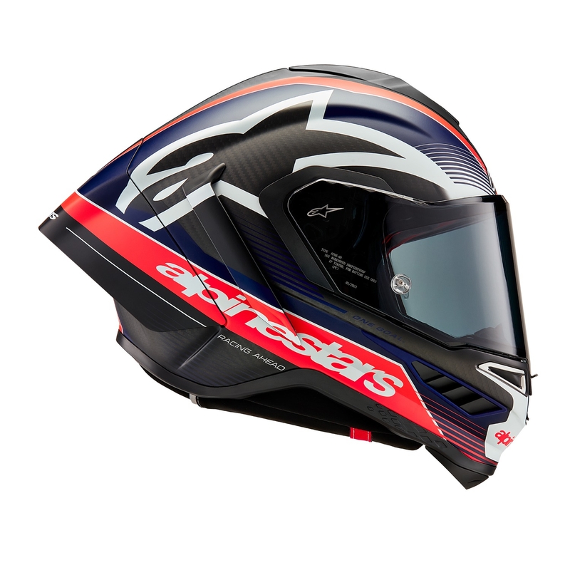 "Alpinestars Supertech R-10 Team" anglies fluo raudonos-mėlynos-baltos spalvų matinis integralus motociklininko šalmas