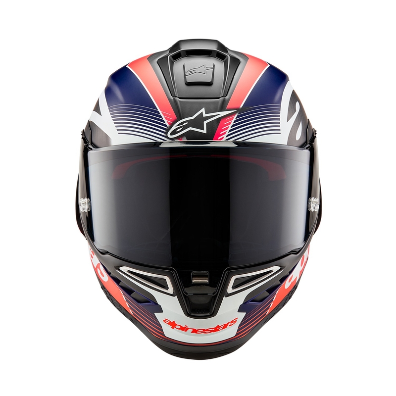 "Alpinestars Supertech R-10 Team" anglies fluo raudonos-mėlynos-baltos spalvų matinis integralus motociklininko šalmas