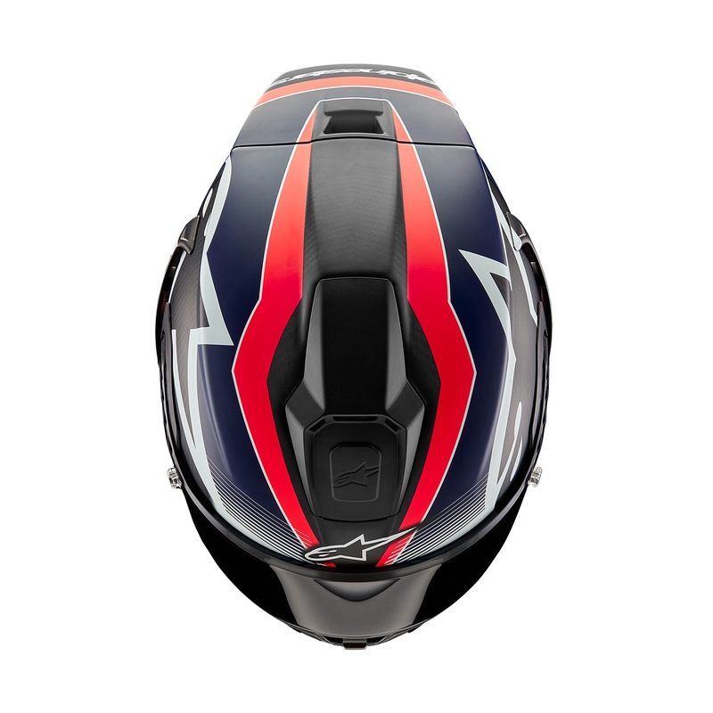 "Alpinestars Supertech R-10 Team" anglies fluo raudonos-mėlynos-baltos spalvų matinis integralus motociklininko šalmas