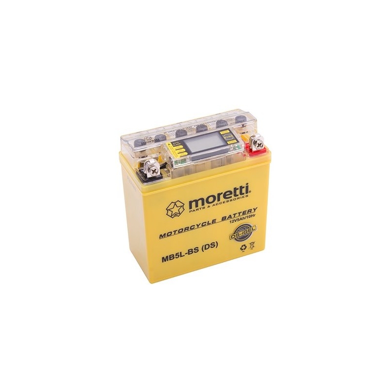 Priežiūros nereikalaujantis gelinis akumuliatorius Moretti MB5L-BS, 12V 5Ah su įtampos matuokliu