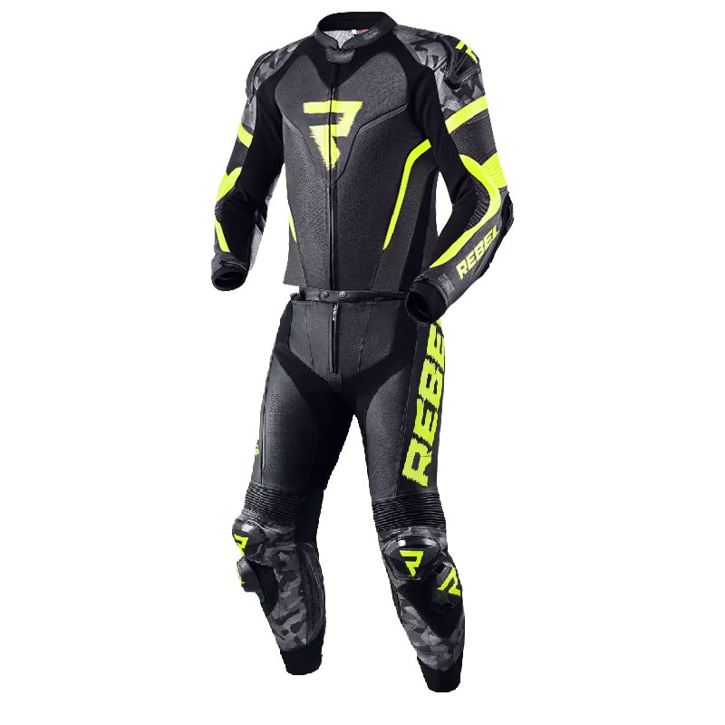 "Rebelhorn Rebel" juoda-pilka-geltona-fluo geltona motociklininko kombinezonas
