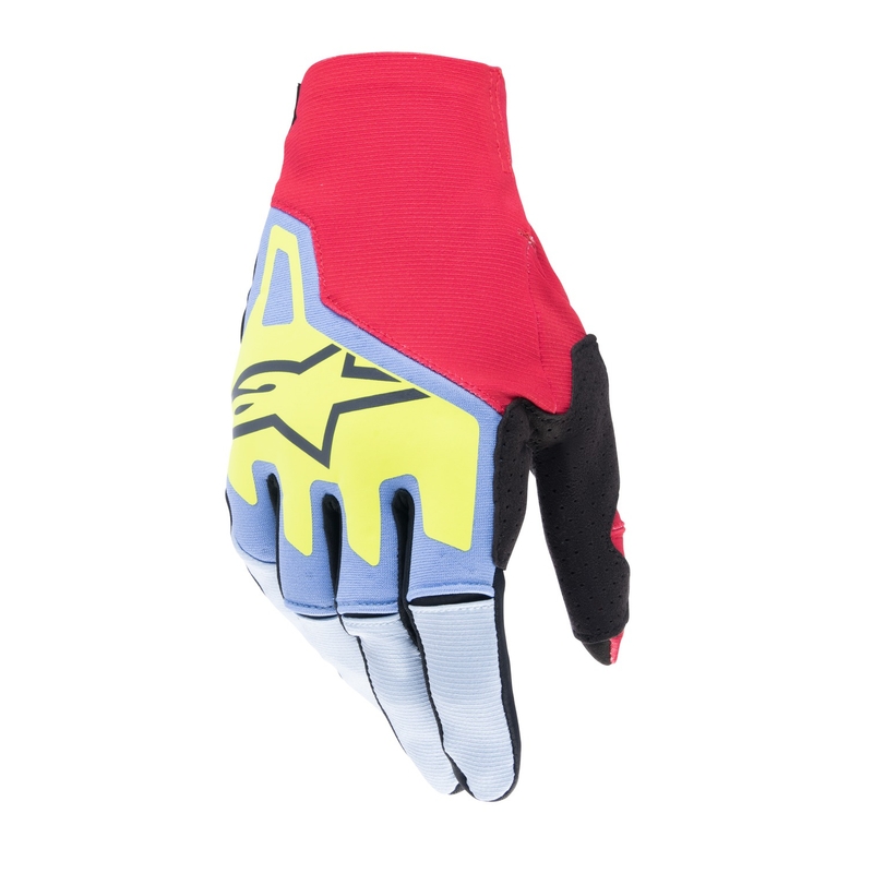 Alpinestars Techstar motokroso pirštinės šviesiai mėlynos-raudonos-geltonos-mėlynos-juodos