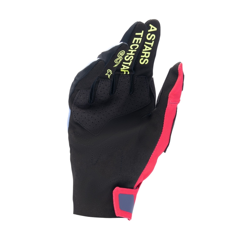 Alpinestars Techstar motokroso pirštinės šviesiai mėlynos-raudonos-geltonos-mėlynos-juodos