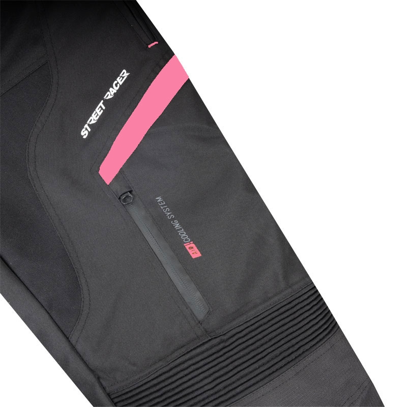 Moteriškos "Street Racer Vix" juodos ir rožinės spalvos motociklininko kelnės
