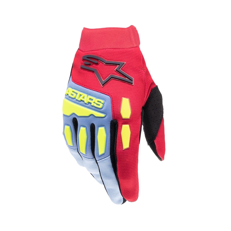 Alpinestars Full Bore 2024 vaikiškos motokroso pirštinės šviesiai mėlyna-raudona-fluo geltona-juoda