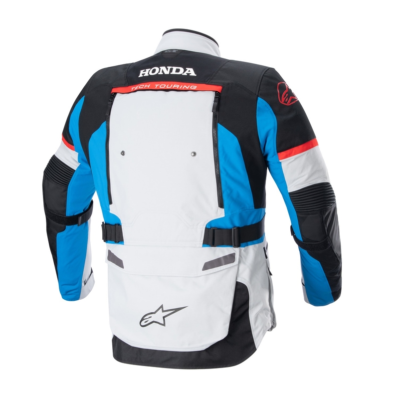 Alpinestars Bogota PRO Drystar Honda šviesiai pilka-fluo raudona-mėlyna-juoda motociklininko striukė