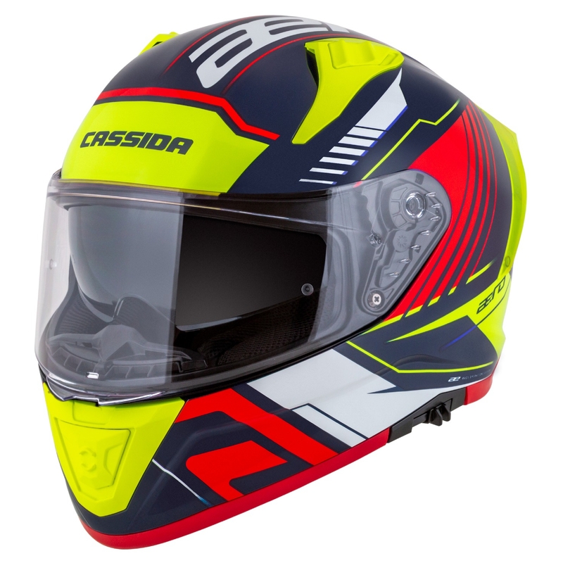 "Cassida Aero Drome" integralus motociklininko šalmas perlamutrinis mėlynas-geltonas-oranžinis-raudonas-baltas