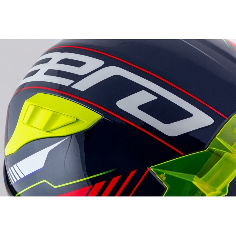 "Cassida Aero Drome" integralus motociklininko šalmas perlamutrinis mėlynas-geltonas-oranžinis-raudonas-baltas
