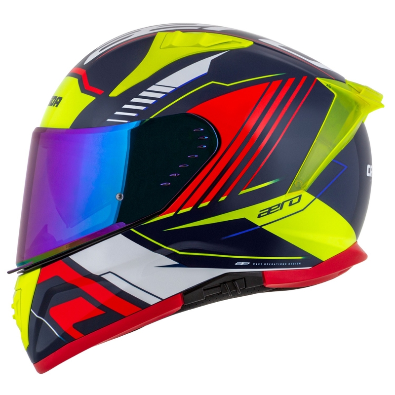 "Cassida Aero Drome" integralus motociklininko šalmas perlamutrinis mėlynas-geltonas-oranžinis-raudonas-baltas