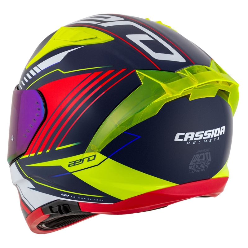 "Cassida Aero Drome" integralus motociklininko šalmas perlamutrinis mėlynas-geltonas-oranžinis-raudonas-baltas