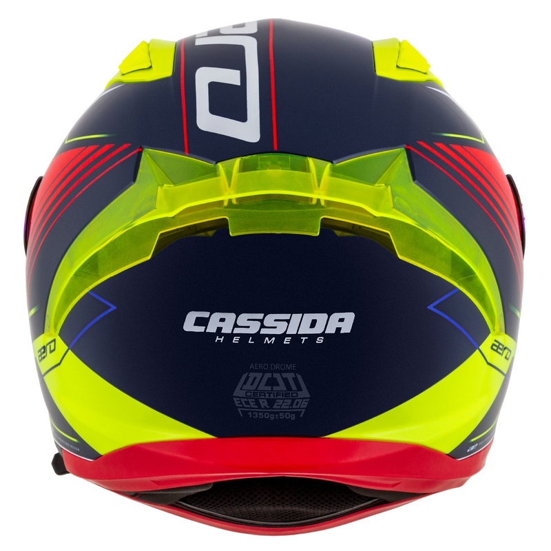 "Cassida Aero Drome" integralus motociklininko šalmas perlamutrinis mėlynas-geltonas-oranžinis-raudonas-baltas