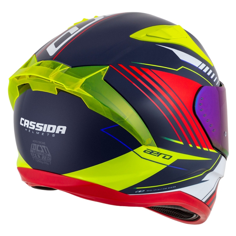"Cassida Aero Drome" integralus motociklininko šalmas perlamutrinis mėlynas-geltonas-oranžinis-raudonas-baltas