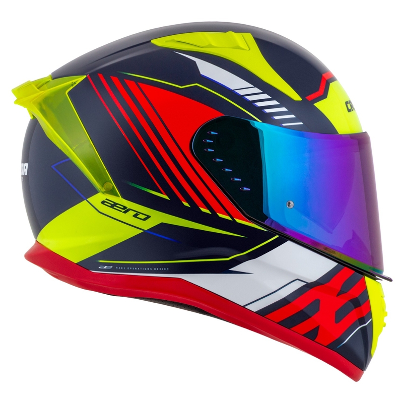 "Cassida Aero Drome" integralus motociklininko šalmas perlamutrinis mėlynas-geltonas-oranžinis-raudonas-baltas