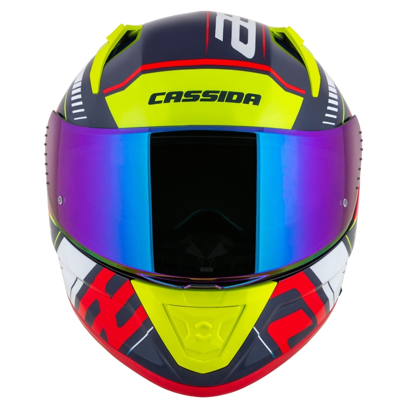 "Cassida Aero Drome" integralus motociklininko šalmas perlamutrinis mėlynas-geltonas-oranžinis-raudonas-baltas