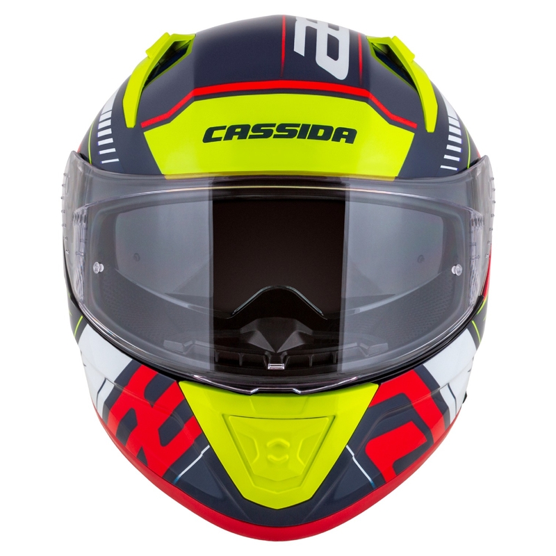 "Cassida Aero Drome" integralus motociklininko šalmas perlamutrinis mėlynas-geltonas-oranžinis-raudonas-baltas