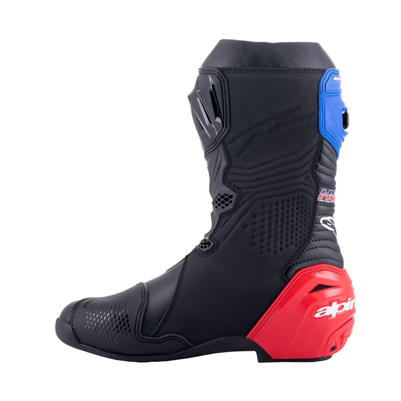 "Alpinestars Supertech R Honda" juodai-raudoni fluoro-mėlynai-balti motociklininko batai