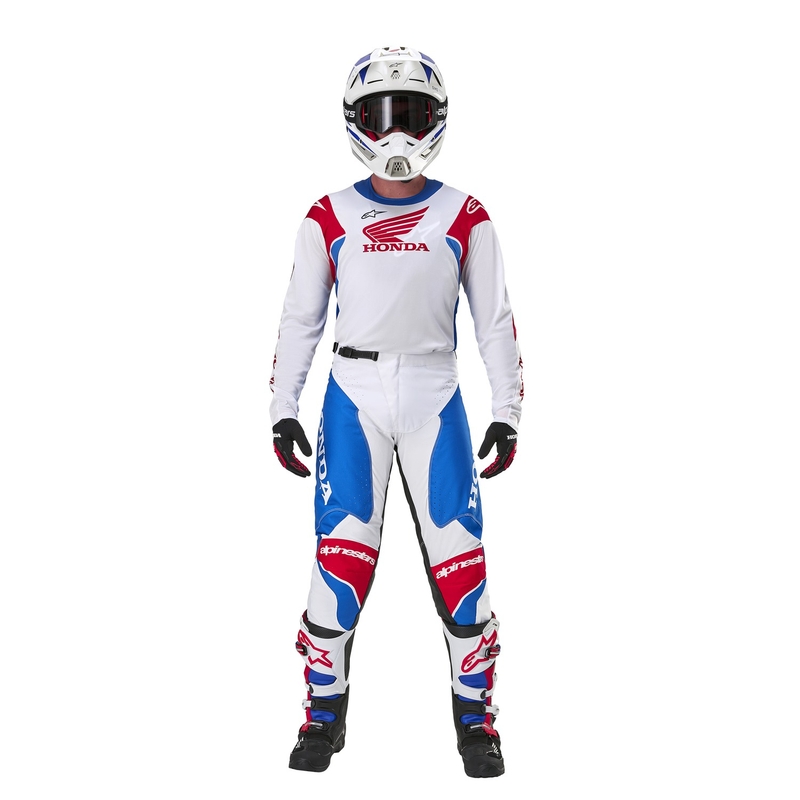 "Alpinestars Racer Iconic Honda" motokroso kelnės balta-mėlyna-raudona-juoda