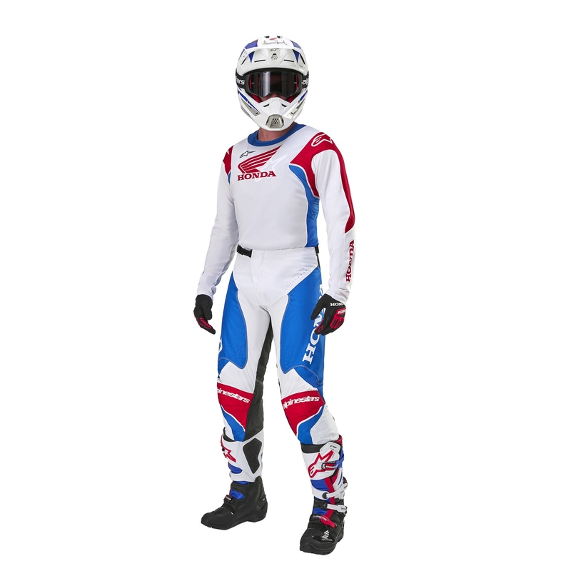 "Alpinestars Racer Iconic Honda" motokroso kelnės balta-mėlyna-raudona-juoda