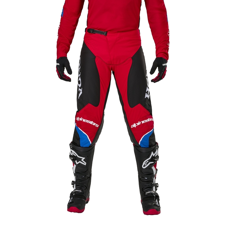 "Alpinestars Racer Iconic Honda" motokroso kelnės raudona-juoda-mėlyna-balta kolekcija