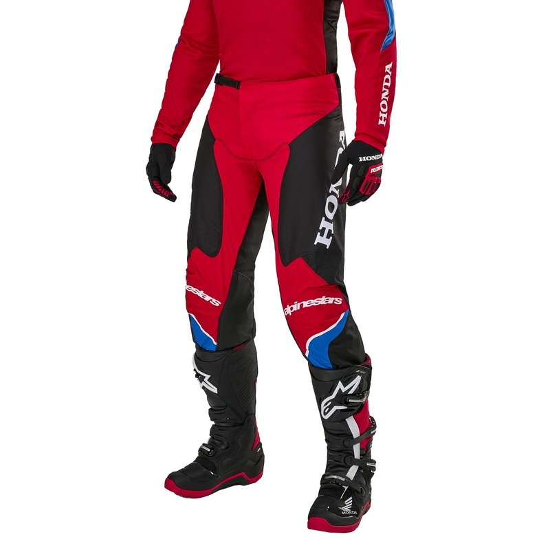 "Alpinestars Racer Iconic Honda" motokroso kelnės raudona-juoda-mėlyna-balta kolekcija