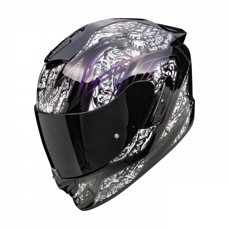Integruotas motociklininko šalmas Scorpion EXO-1400 EVO II Air Fantasy juodai baltas išpardavimas