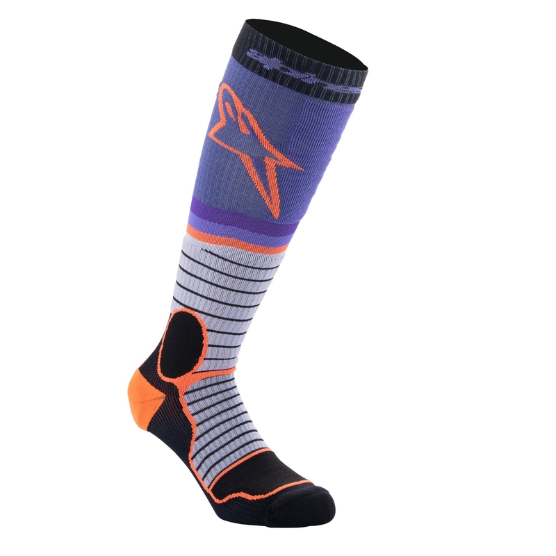 Alpinestars MX PRO juodai pilkos, violetinės ir oranžinės kojinės