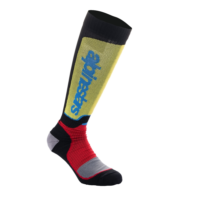 Alpinestars MX Plus juodai raudonos fluoro geltonos fluoro mėlynos kojinės