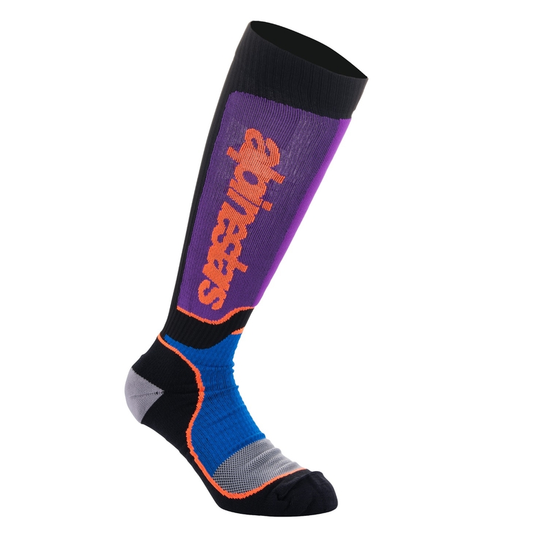 "Alpinestars MX Plus" juodai oranžinės, violetinės, mėlynos ir pilkos kojinės