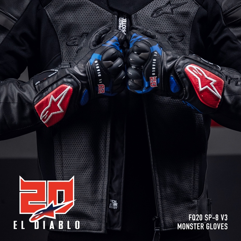 Alpinestars SP-8 3 Monster FQ20 Juodai raudonos-mėlynos-baltos motociklininko pirštinės