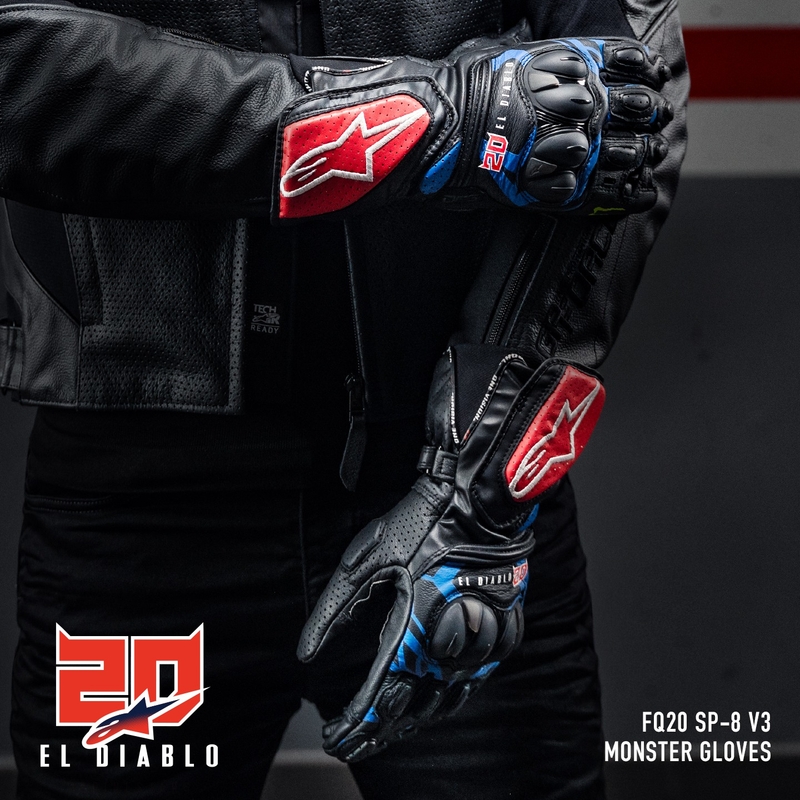 Alpinestars SP-8 3 Monster FQ20 Juodai raudonos-mėlynos-baltos motociklininko pirštinės