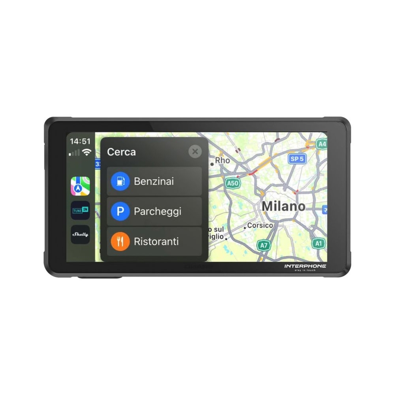 "Interphone RIDESYNC Apple CarPlay" ir "Android Auto" ekranas motociklams