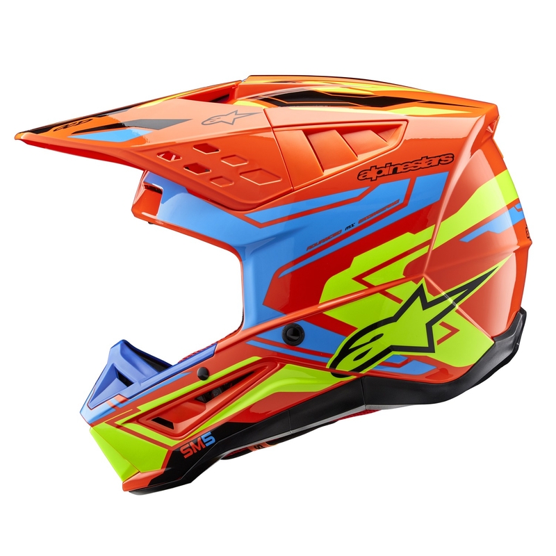 Alpinestars S-M5 Action 2 fluo oranžinis-šviesiai mėlynas-fluo geltonas motokroso šalmas