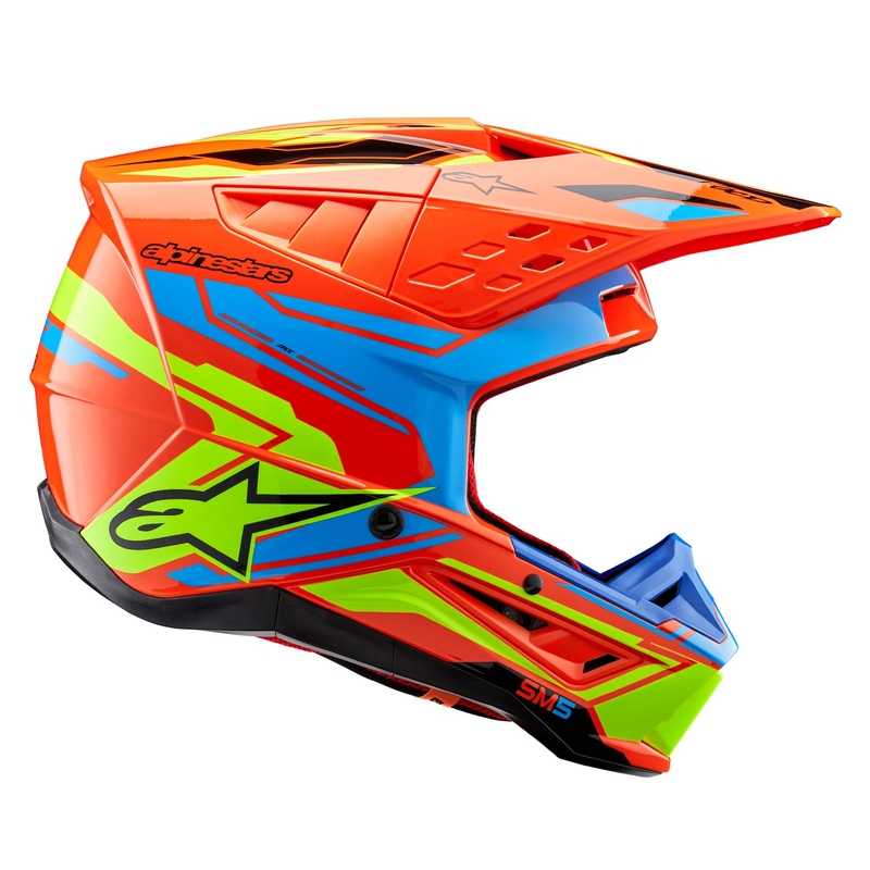 Alpinestars S-M5 Action 2 fluo oranžinis-šviesiai mėlynas-fluo geltonas motokroso šalmas