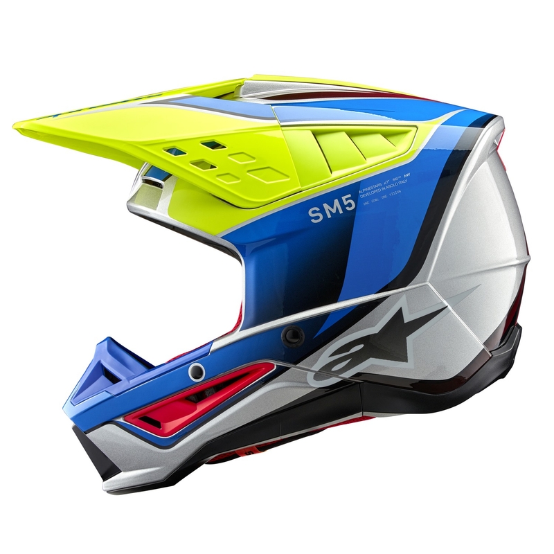 Alpinestars S-M5 Sail fluo geltonai-mėlynai-sidabrinis motokroso šalmas
