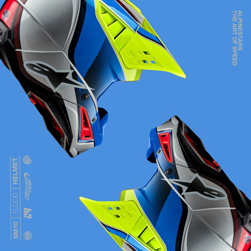 Alpinestars S-M5 Sail fluo geltonai-mėlynai-sidabrinis motokroso šalmas
