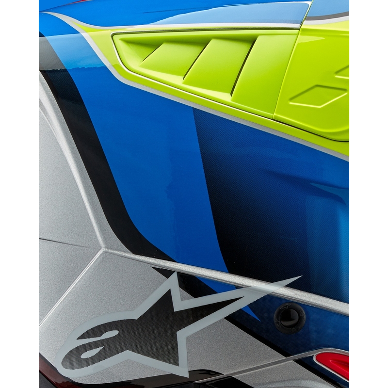 Alpinestars S-M5 Sail fluo geltonai-mėlynai-sidabrinis motokroso šalmas