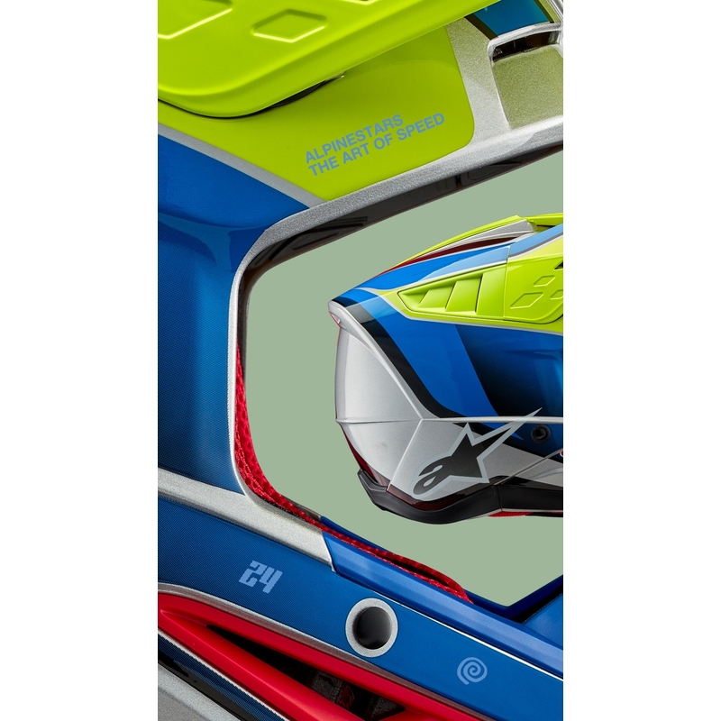 Alpinestars S-M5 Sail fluo geltonai-mėlynai-sidabrinis motokroso šalmas