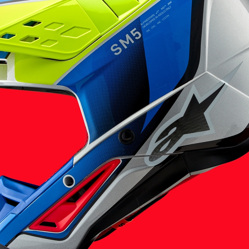 Alpinestars S-M5 Sail fluo geltonai-mėlynai-sidabrinis motokroso šalmas